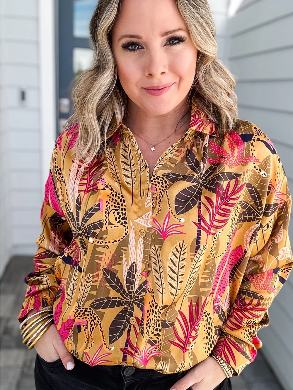 NWT Jodifl Leopard Jungle Tropical Print Satin Button Down Shirt S